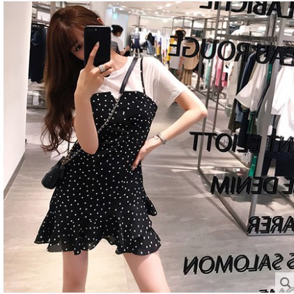 SUXI Đầm chấm bi phong cách retro Hàn Quốc