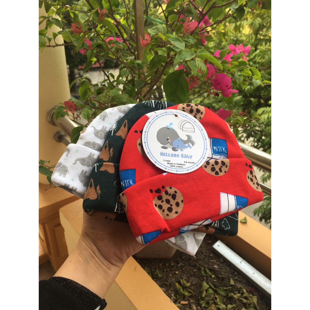 set 3 mũ cotton nỉ cho bé sơ sinh