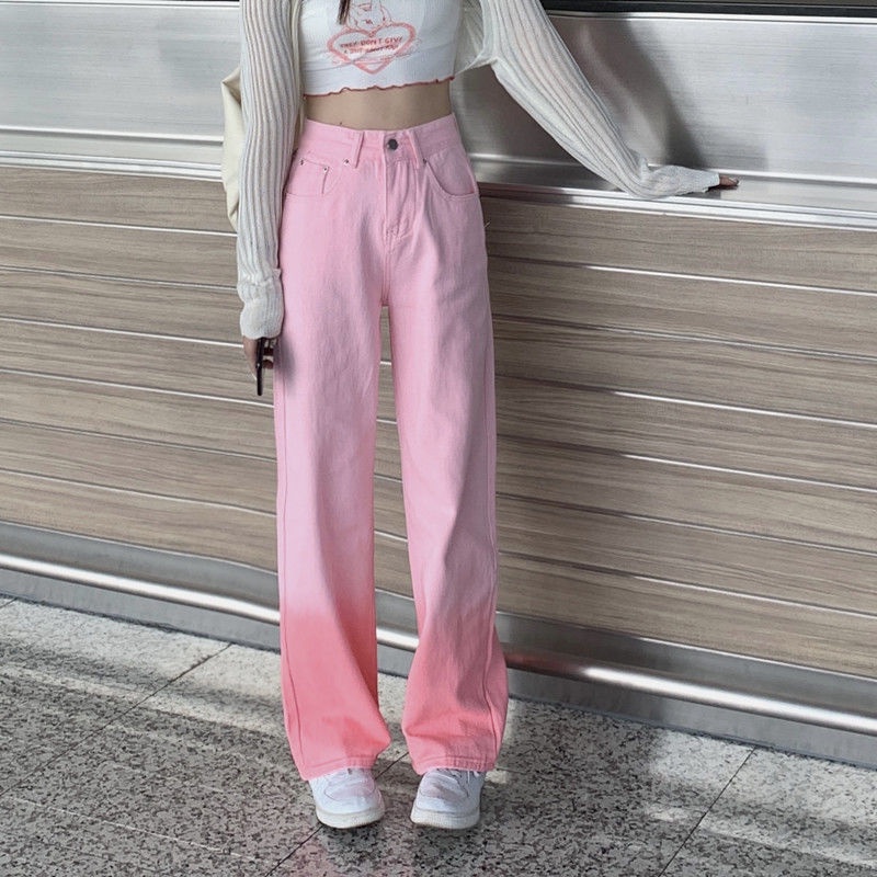 Quần Jean Ống Rộng Lưng Cao Màu Hồng Gradient Thiết Kế Mới Thời Trang Mùa Xuân Dành Cho Nữ