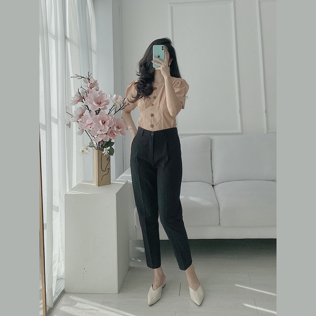 Áo nữ kiểu sơ mi công sở thiết kế cổ tròn xếp li eo tay ngắn không nhăn mềm mại - Eden Fashion Store - ASM150