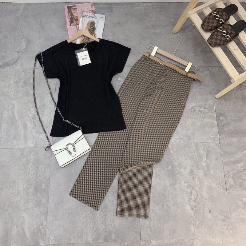 Sét đồ nữ 3 món SDT01 jumpsuit, áo pull cổ tim mix quần dài kẻ kèm đai thời trang trong bộ sưu tập quần áo công sở 2021 | BigBuy360 - bigbuy360.vn