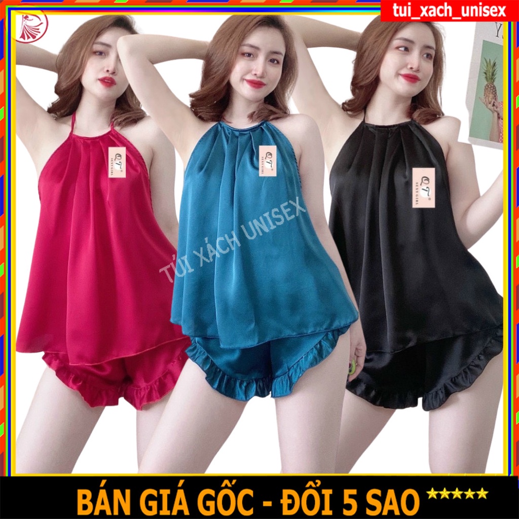 ❤️ VẢI XỊN ❤️ set đồ bộ ngủ lụa satin đùi sexy hai dây trơn siêu hot, nguyên quần lưng thun và áo yếm hở lưng M01