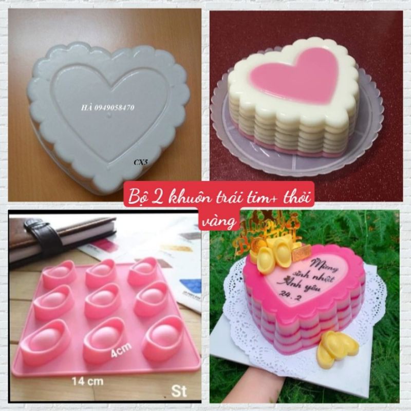 Bộ 2 khuôn làm thạch rau câu gồm 1 hình tim 19 cm và 1 thỏi vàng 4 cm làm bánh hấp dẫn, độc đáo