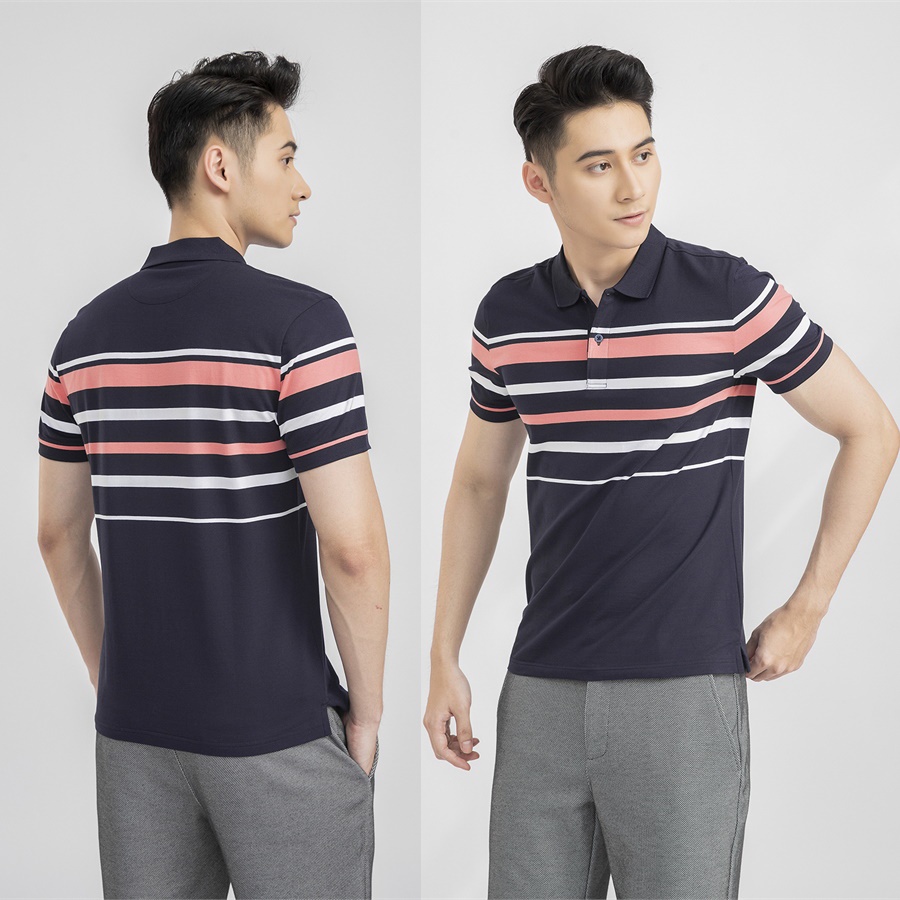 Áo thun polo nam Aristino APS001S1 phông ngắn tay cổ bẻ dáng slim fit ôm nhẹ màu trắng kẻ xanh cổ vịt vải cotton cao cấp