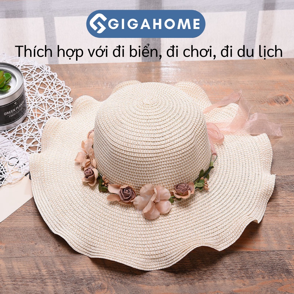 Nón Cói Nữ Rộng Vành Đi Biển GIGAHOME Phối Dây Hoa Xinh Xắn, Cổ Điển 7171