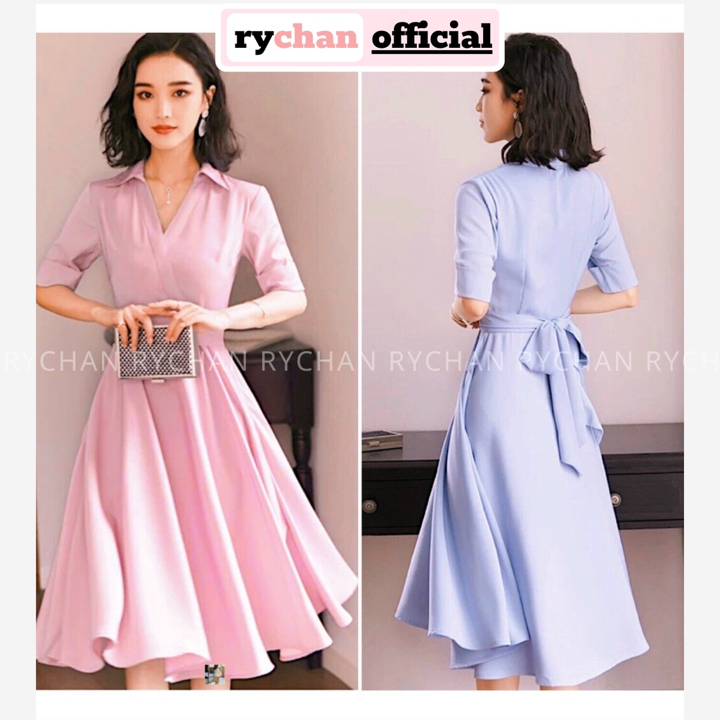 DX117 - Đầm Xòe Đắp Chéo Cổ Bẻ Cột Eo 2 Màu