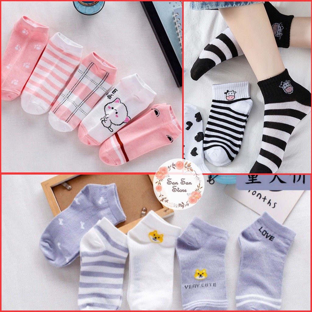 Tất nữ cổ ngắn cute combo 5 đôi, chất len sợi co dãn dày dặn, hình in cute dễ thương