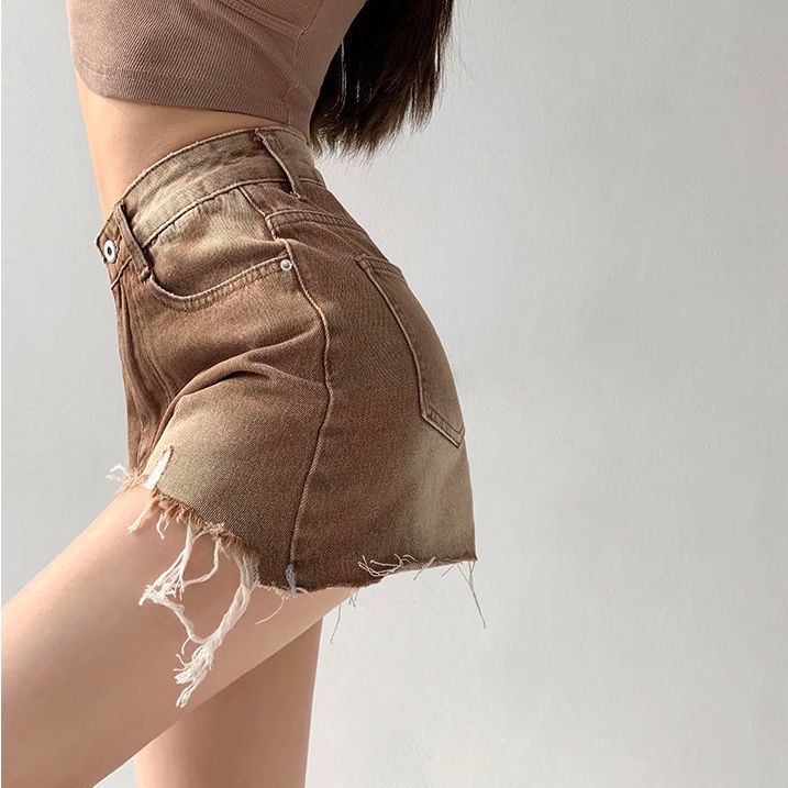 Jiashucheng Quần Short Denim Lưng Cao Ống Rộng Phối Rách Kiểu Retro Mỹ Thời Trang Mùa Hè Cá Tính