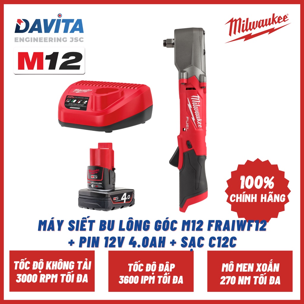 Máy siết bu lông góc M12 FRAIWF12 + Pin 12V 4.0Ah + Sạc C12C