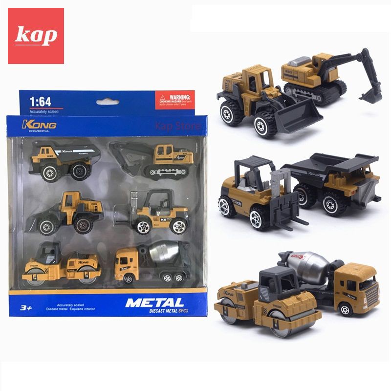 Bộ 6 xe công trình Die Cast Metal, vỏ kim loại, tỷ lệ 1:64