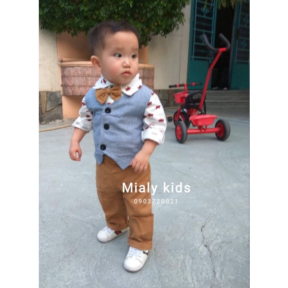 Set vest công tử Mialy Kids (4-15Kg) gile xám quần vàng cho bé trai đi tiệc, mặc thôi nôi, chụp hình - Vải mềm mại cho b
