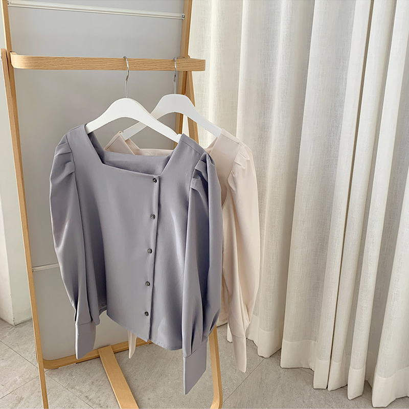 Autumn New Style Korean Square Neck Long Sleeve Shirt Gray / Wholesale / comfortable fabric /