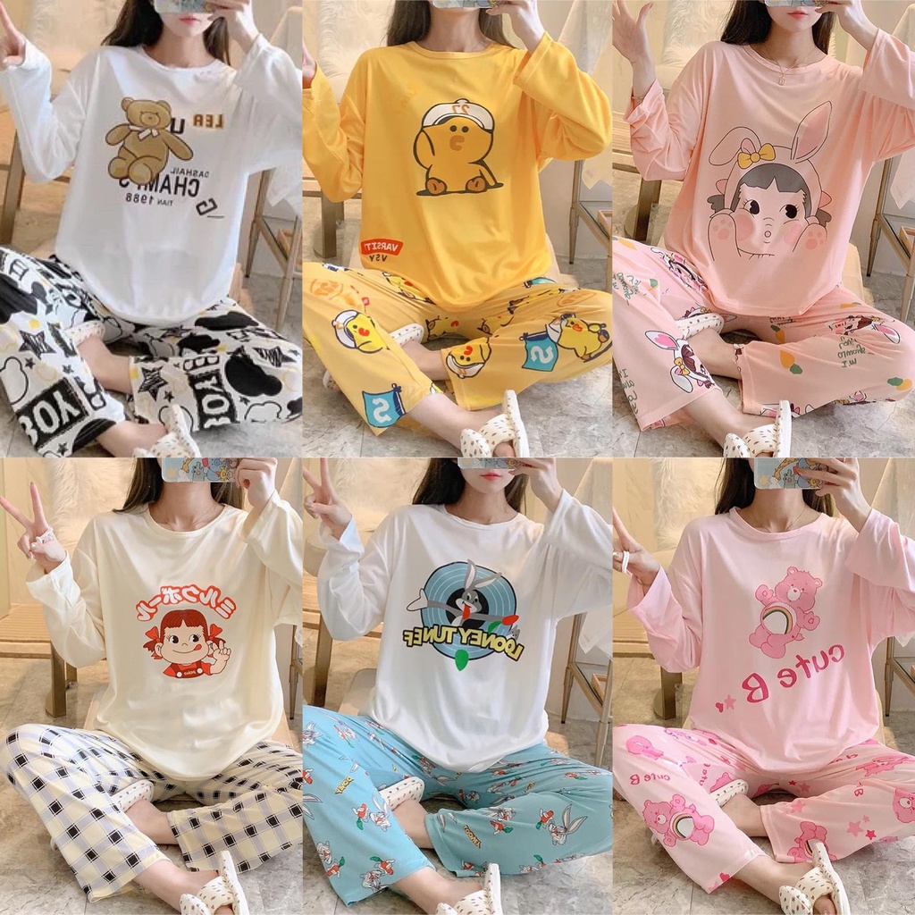 [Sẵn] Đồ bộ thun tay dài Quảng Châu, pijama quần dài, đồ mặc ở nhà họa tiết hoạt hình dễ thương