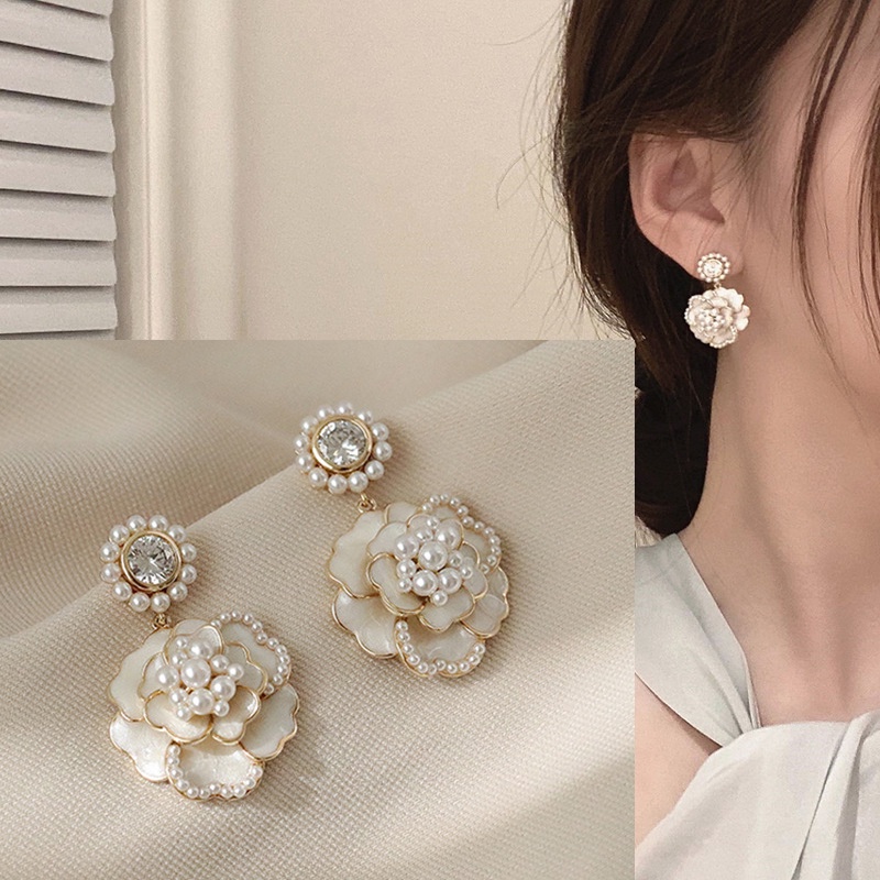 Bông Tai Mạ Bạc 925 Hình Hoa Trà Đính Ngọc Trai Phong Cách Hàn Quốc Cho Nữ