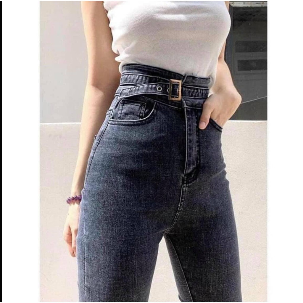 Quần jean nữ lưng cao baggy ôm ống bo cạp cao vải co giãn cao cấp Quần bò jeans nữ có đai