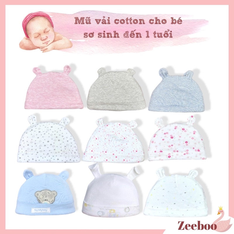 Set 5 mũ vải xuất dư cho bé sơ sinh đến 12 tháng, chất liệu cotton mềm mịn, inbox chọn mẫu