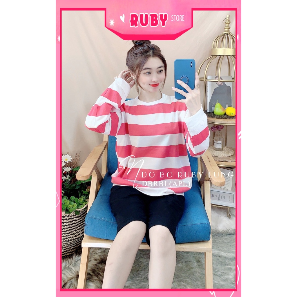 Đồ bộ thun lửng tay dài phối sọc dễ thương chất thun mềm mát DBRBLCT