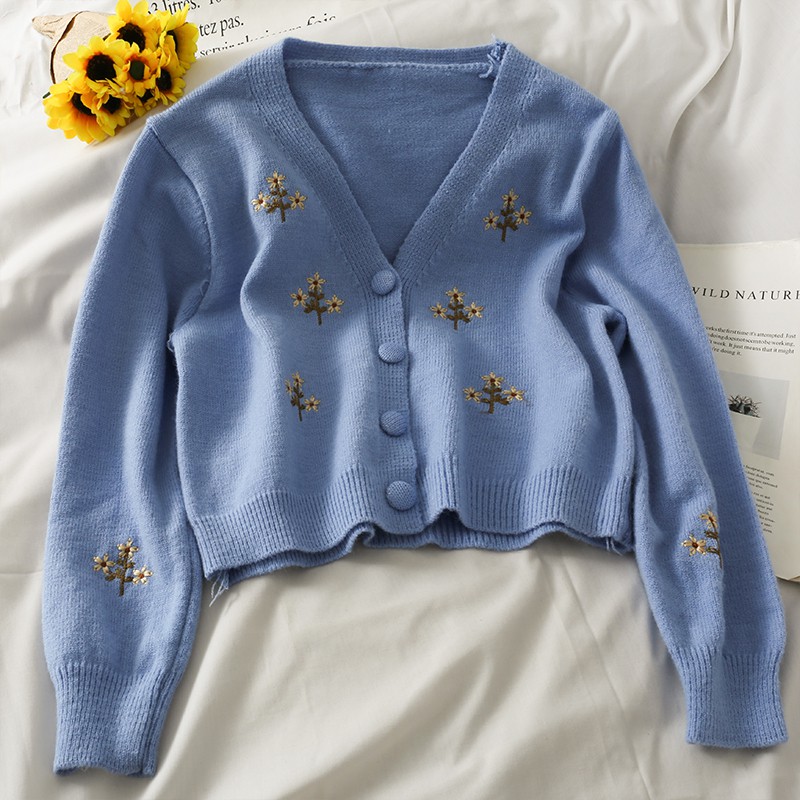 Áo Khoác Len Cardigan Dáng Ngắn Thêu Hoa Hàng Quảng Châu