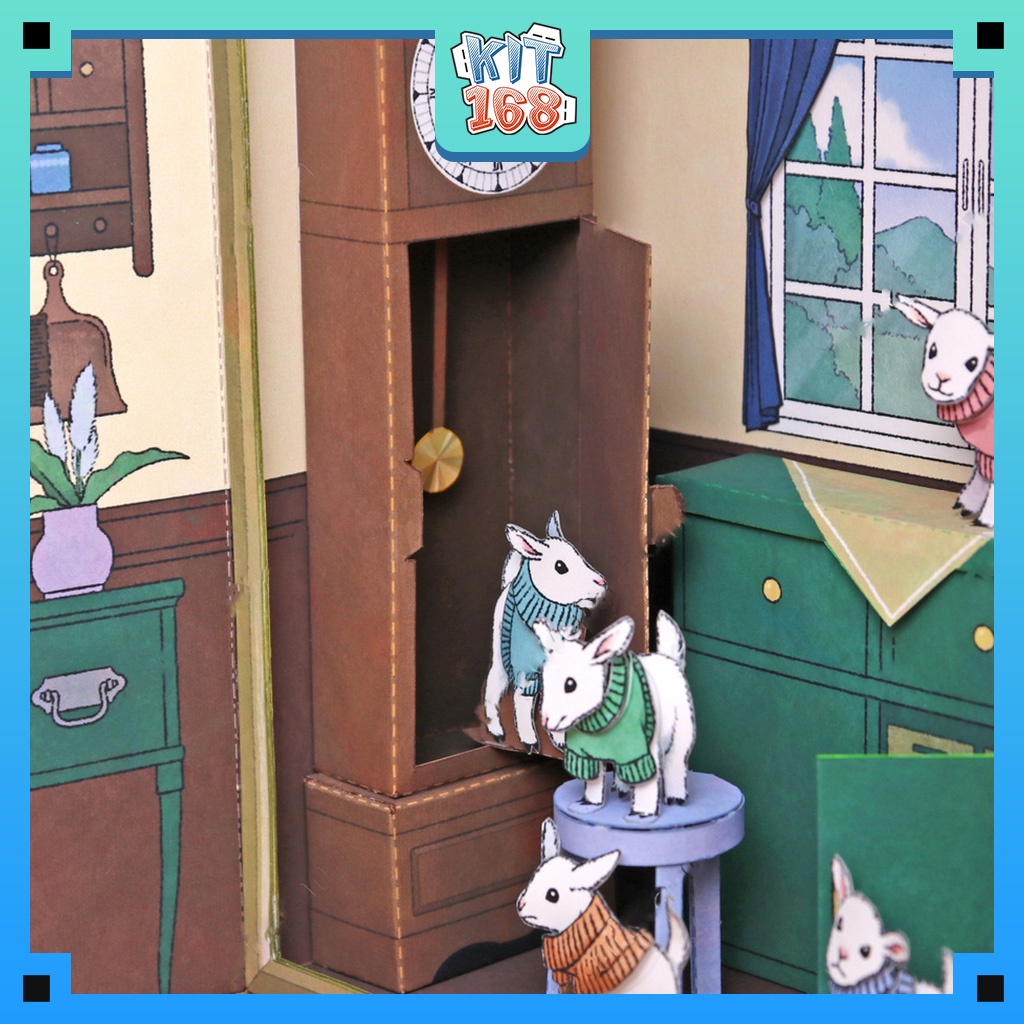 Mô hình giấy đồ vật đồ chơi Sách 3D chó sói và 7 chú dê con