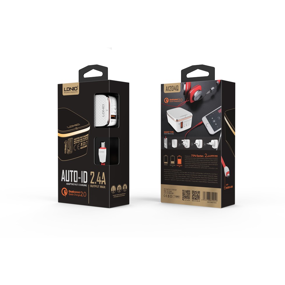 Cốc sạc điện thoại Quick Charge QC 2.0 cao cấp Android iPhone có IC ổn dòng bảo vệ thiết bị LDNIO A1204Q Trắng