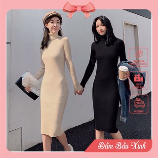Váy len body suông trơn cổ lọ Đầm chất len dài tay thanh lịch
