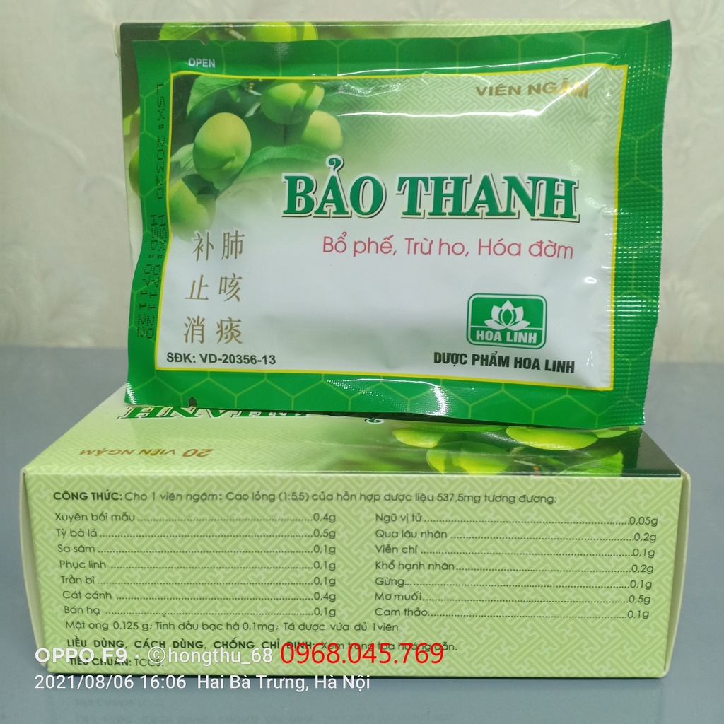 Viên ngậm BẢO THANH hộp 20 viên bổ phế, trừ ho, hóa đờm