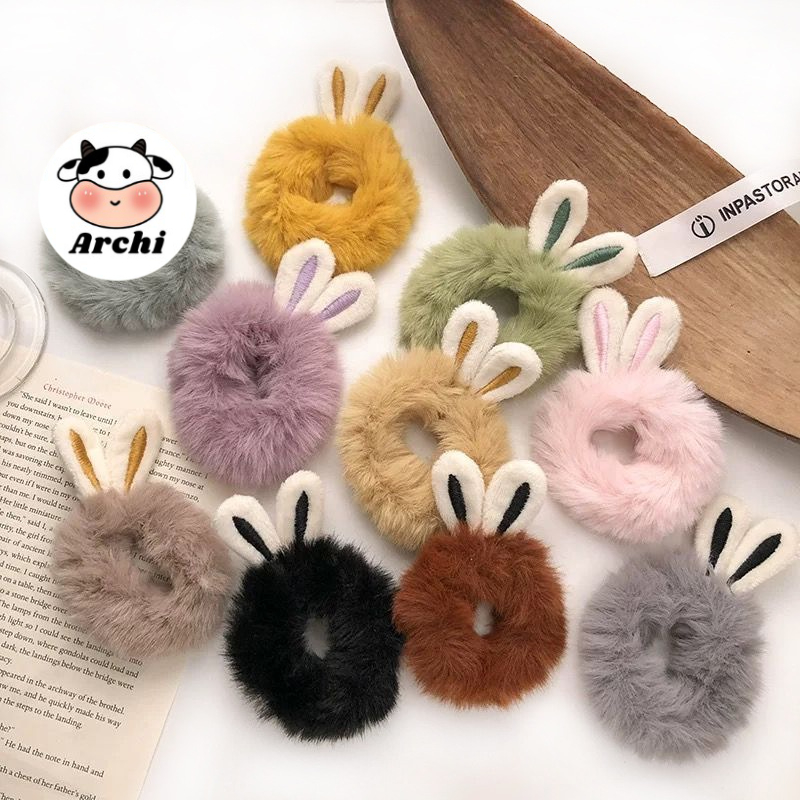 Buộc cột tóc scrunchies dạng lông dễ thương trang trí tai thỏ xinh xắn phong cách Hàn Quốc