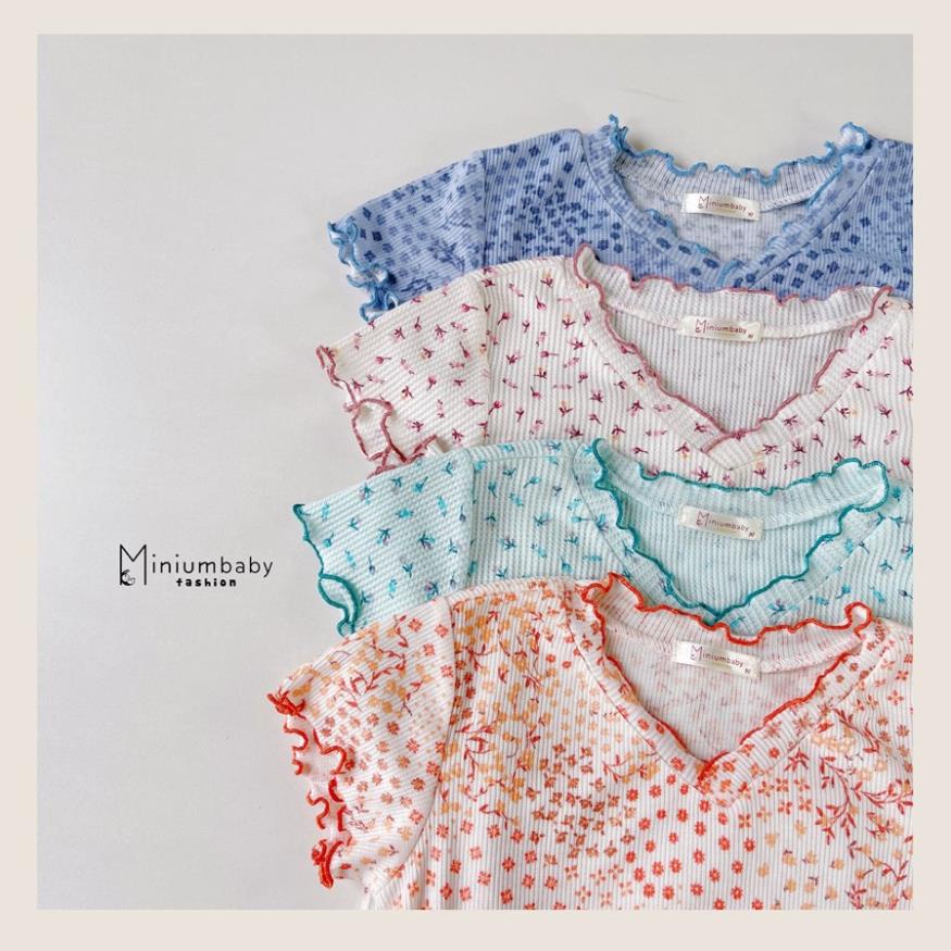 Bộ đồ cộc tay hoa viền bèo cổ tim cho bé gái chất liệu 100% cotton, quần áo trẻ em mặc mùa hè MiniumBaby SB1245
