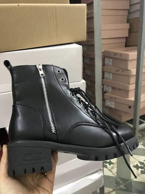 Ảnh thật - Giày boot nữ đế vuông cá tính cao 5cm khóa kéo kết hợp cột dây B145