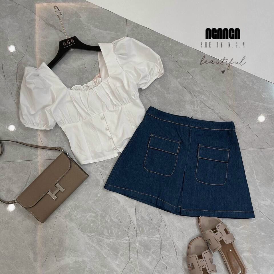 Set áo Sơ mi croptop khuy ngọc mix quần giả váy jeans