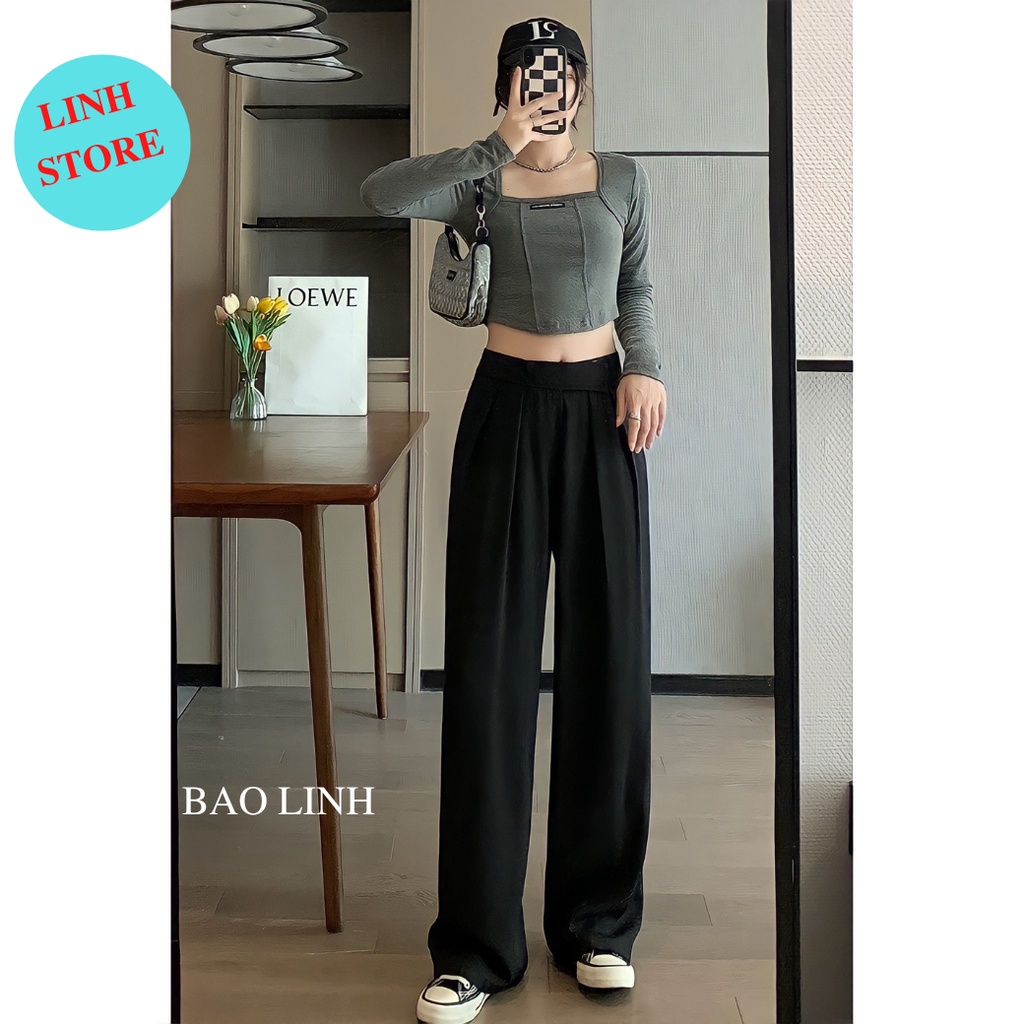 Quần Vải Ống Suông Nữ Cạp Cao, Quần Ống Rộng Nữ Công Sở  Mặc Đi Làm Đi Học Chất Liệu Tuyết Mưa Hãng Vitex