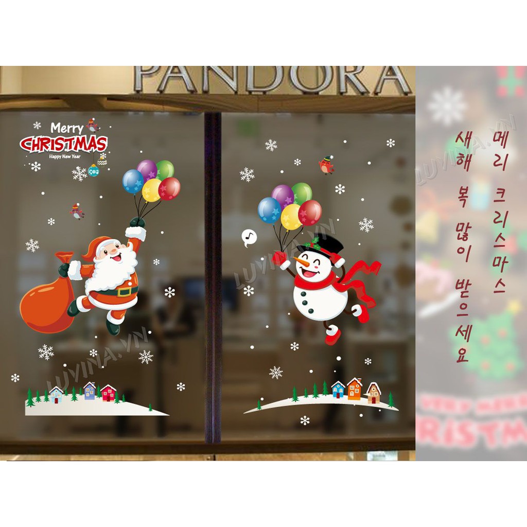 Decal dán kính noel Hàn Quốc- trang trí nhà cửa, văn phòng, quán cafe, cửa hàng-Ông già noel bóng bay