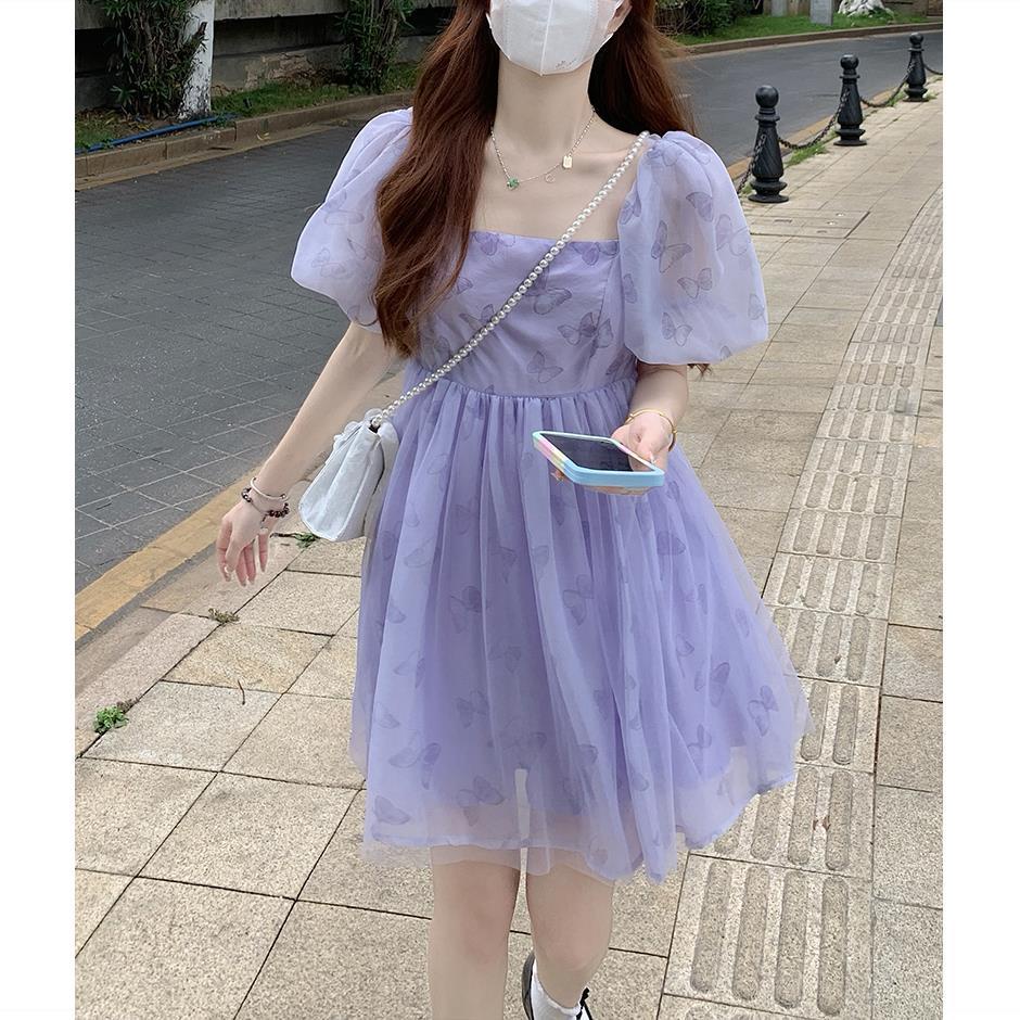 Váy babydoll Đầm Eo Cao Cổ Vuông Tay Phồng Phong Cách Phương Tây Thời Trang Mùa Hè 2022 Mới