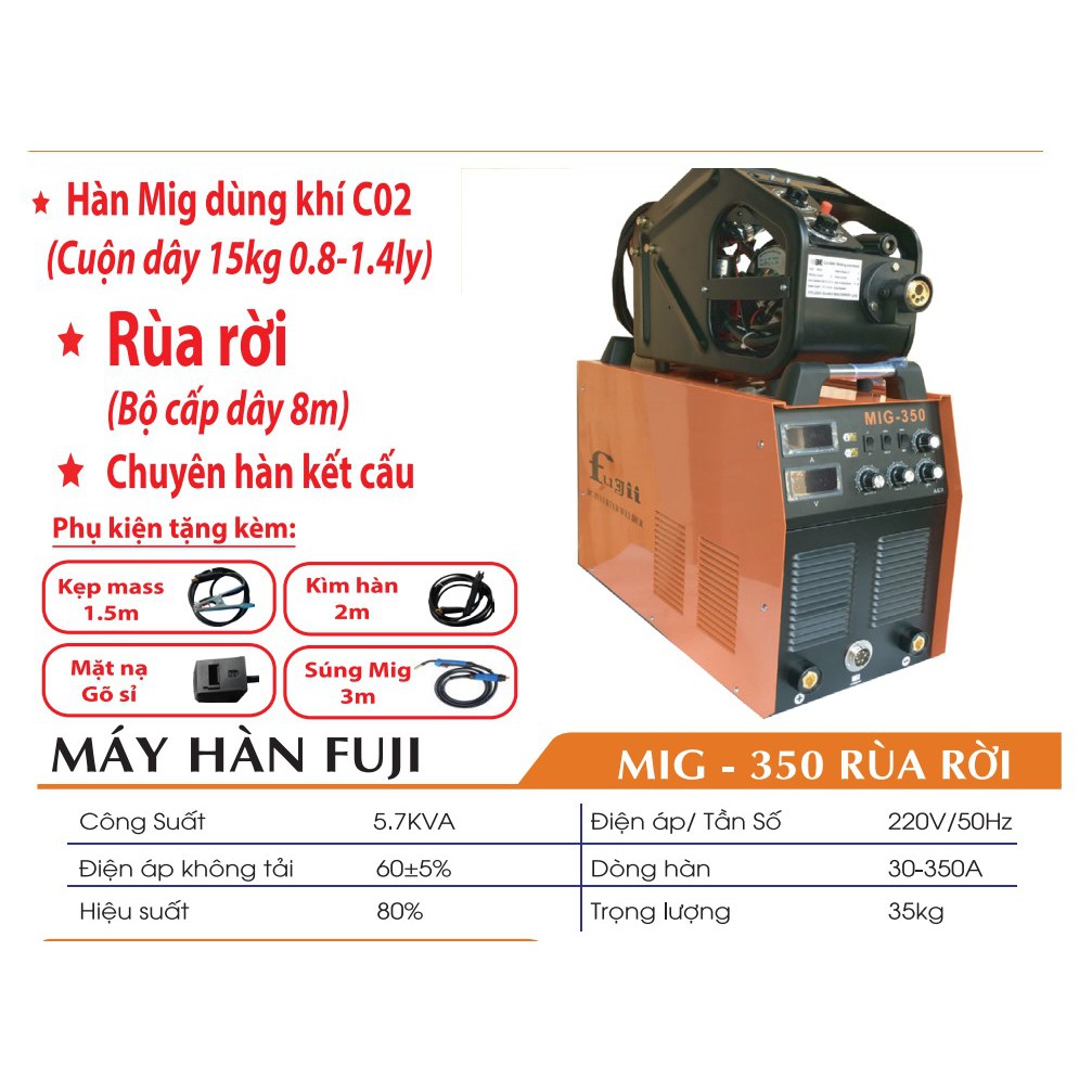 MÁY HÀN MIG ĐIỆN TỬ MINI FUJI MIG-350 RÙA RỜI (BỘ CẤP DÂY 8m) - Hàng Chính Hãng 100%