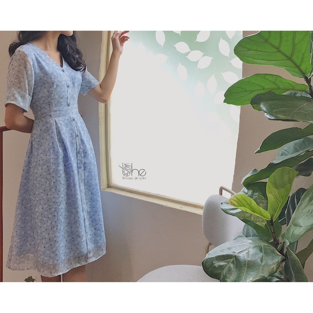 Mary Dress - Đầm hoa sơ mi tay ngắn xếp ly eo SDX54