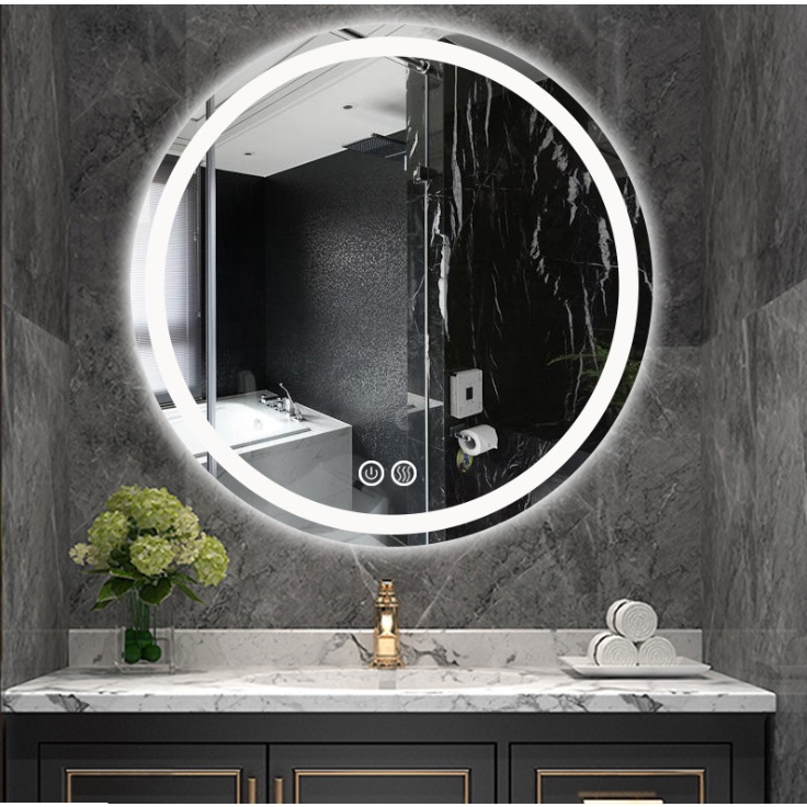 Gương tròn có đế cảm ứng trên mặt gương đèn led đổi 3 màu mẫu cách viền gắn tường kích thước D50cm Mirror
