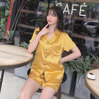 Đồ ngủ pijama lụa gấm chấm bi cộc đùi  ༷