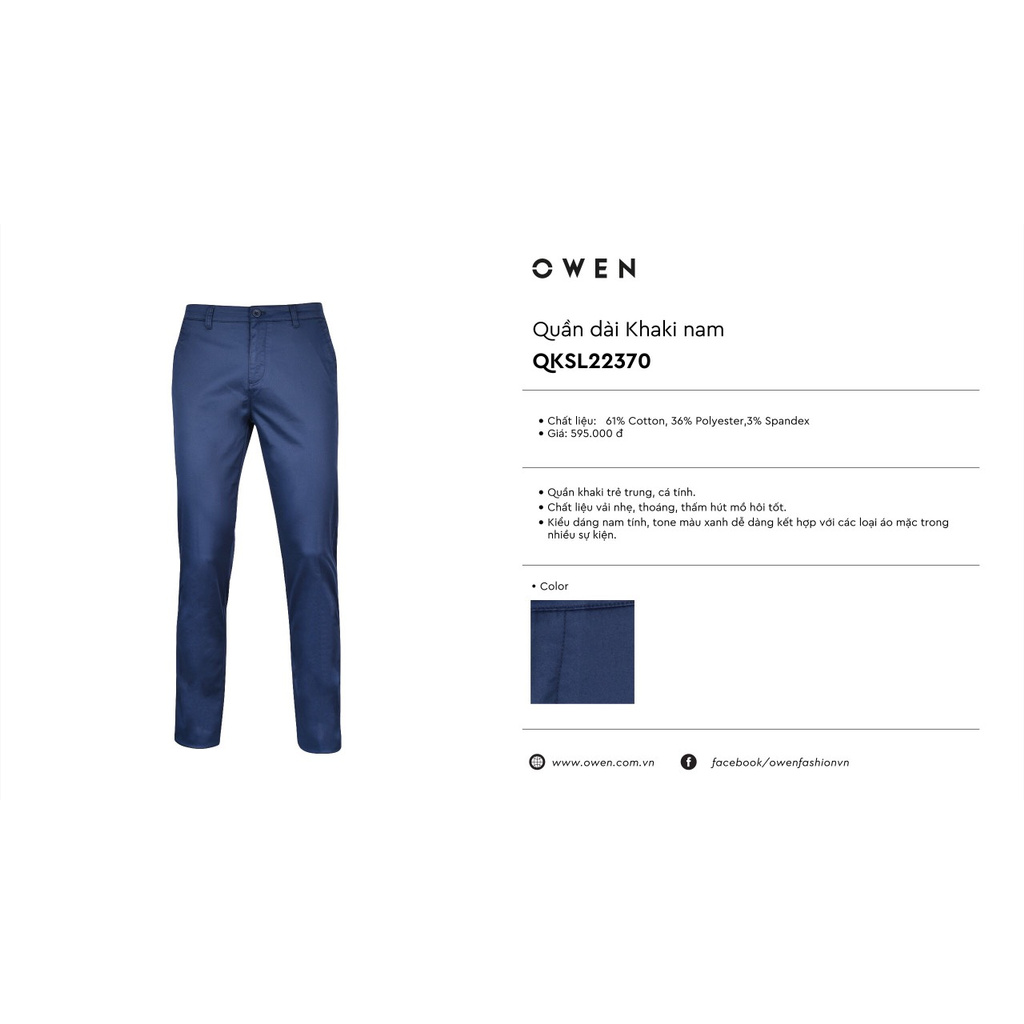 Quần Kaki Nam Owen QKSL22370 Màu Xanh Navy Trơn Kiểu Dáng Slim Fit Chất Liệu Cotton