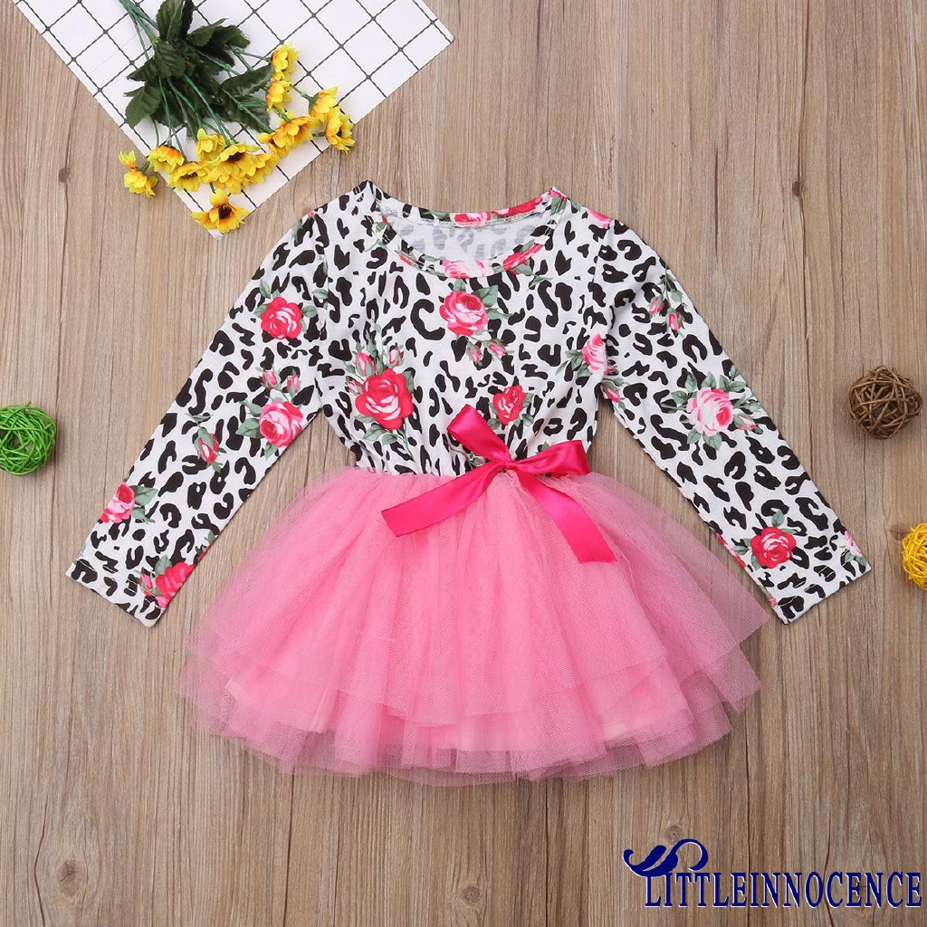 ENN-Toddler Baby Girls Floral Leopard Print Tulle Tutu Dress Long Sleeve