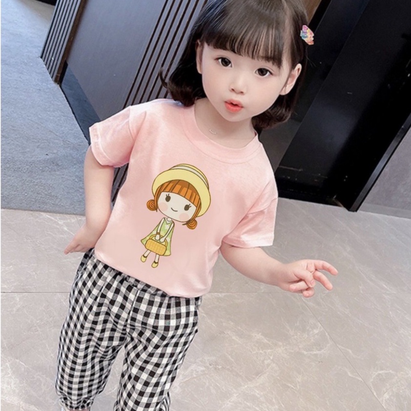 Đồ bộ bé gái Con Xinh Áo thun cotton búp bê Chibi phối quần dài caro, quần áo dành cho bé gái từ 13 đến 30kg