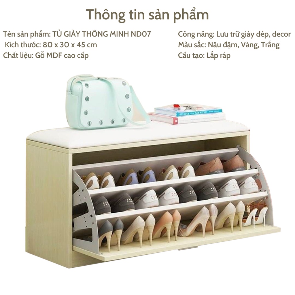 Tủ giày thông minh kết hợp ghế ngồi gỗ MDF cao cấp, kệ ghế để giày 3 ngăn có hộc để đồ, cánh lật che bụi ND07