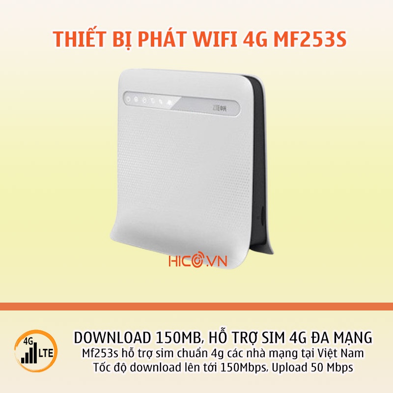 Bộ phát wifi từ sim 4G MF253S tốc độ 300Mb có cổng WAN/LAN, hỗ trợ 32 thiết bị , dùng cho gia đình, xe khách, Camera