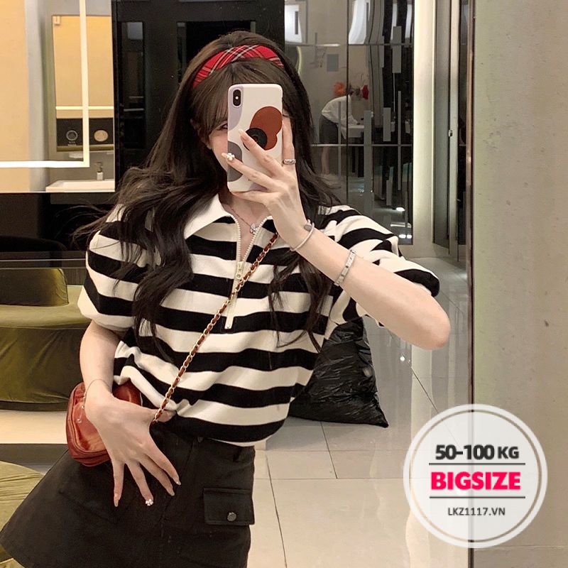 Áo thun polo sở sọc Bigsize Áo kiểu nữ form rộng tay ngắn cổ bẻ mùa hè Phong cách Hàn Quốc Thời Trang tiểu thư cá tính xinh đẹp cho người mập béo