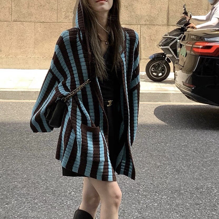 Áo Khoác Cardigan Dệt Kim Dáng Rộng Cổ Chữ v Có Nón Họa Tiết Kẻ Sọc Phong Cách Retro Nhật Bản Thời Trang Mùa Thu 2022