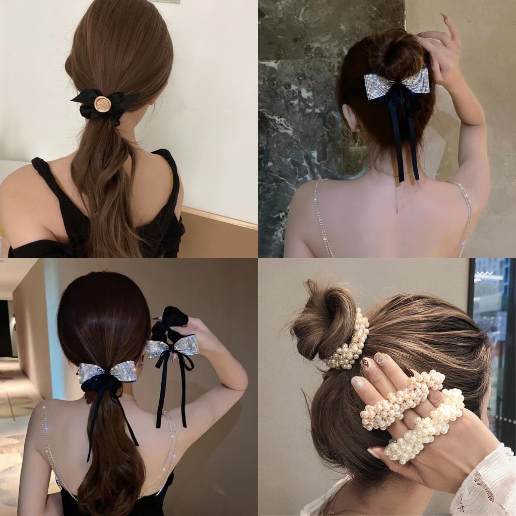 Dây Buộc Tóc Đính Nơ Ruy Băng Và Ngọc Trai Nhân Tạo Thời Trang Cho Nữ