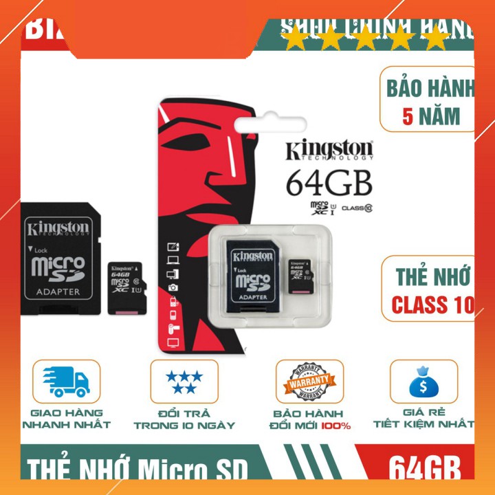Thẻ nhớ 64GB Kingston MicroSD Class 10 (Kèm Adapter) - Bảo hành 5 năm