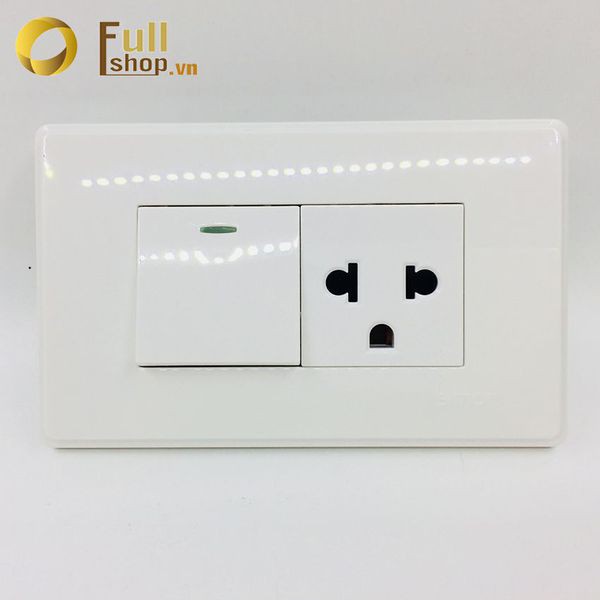Bộ công tắc đơn 2 chiều có dải phản quang và một ổ cắm 3 chấu đa tiêu chuẩn Simon Series 51A H82-H22 chuẩn chữ nhật
