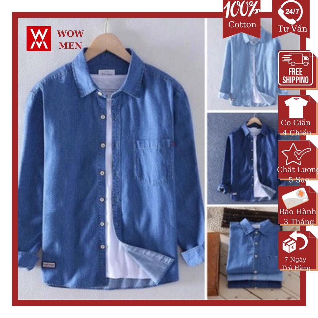 Áo sơ mi Jean Nam tay dài WOW MEN, Dáng suông, Có túi, Cao cấp, Sang trọng, Xuất khẩu, Đẹp Rẻ