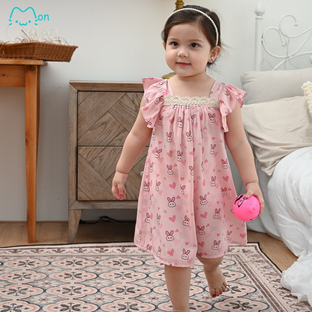 Váy bé gái 1-6 tuổi MonBabies VL16 vải đũi tằm cổ vuông phối tay cánh tiên họa tiết thỏ con màu hồng dễ thương