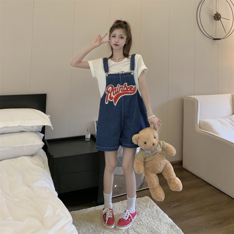 Jumpsuit Denim Thêu Chữ Dễ Phối Đồ Thời Trang Mùa Hè Cho Nữ